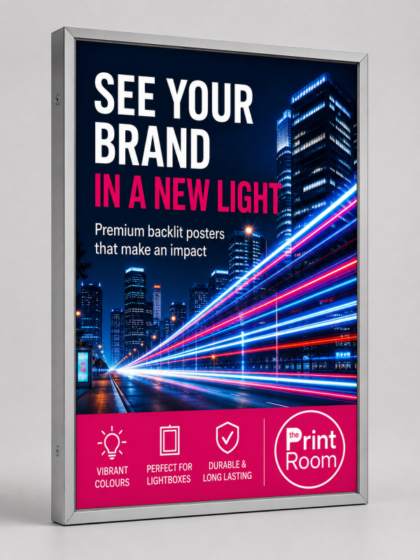 Backlit poster lightbox featuring a vibrant nighttime city design and The Print Room logo.