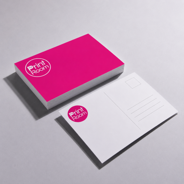 Pink and white custom postcards featuring The Print Room logo, shown as a printed stack and postcard back.