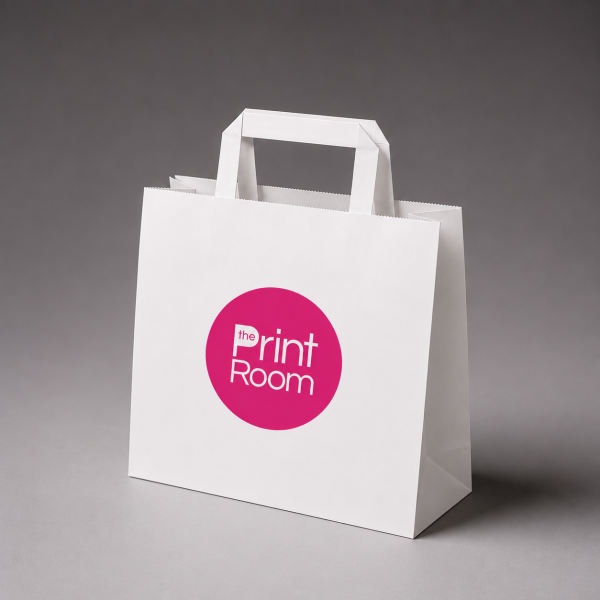 White printed paper bag with The Print Room logo and flat paper handles