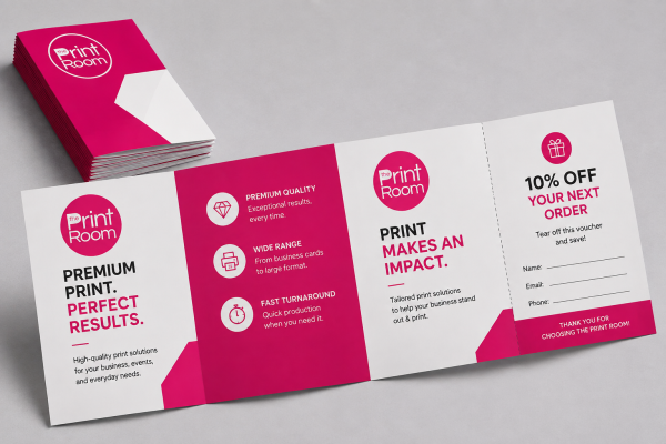 The Print Room promotional tri-fold brochure featuring premium print services, fast turnaround, custom print solutions, and a 10% off voucher.