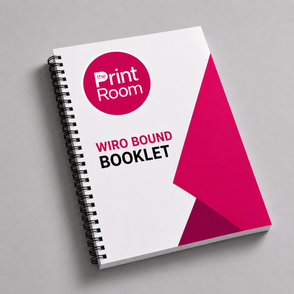 White wiro bound booklet featuring The Print Room round magenta logo on the front cover with bold black and magenta typography, modern geometric magenta accents, and black spiral binding on a neutral grey studio background.