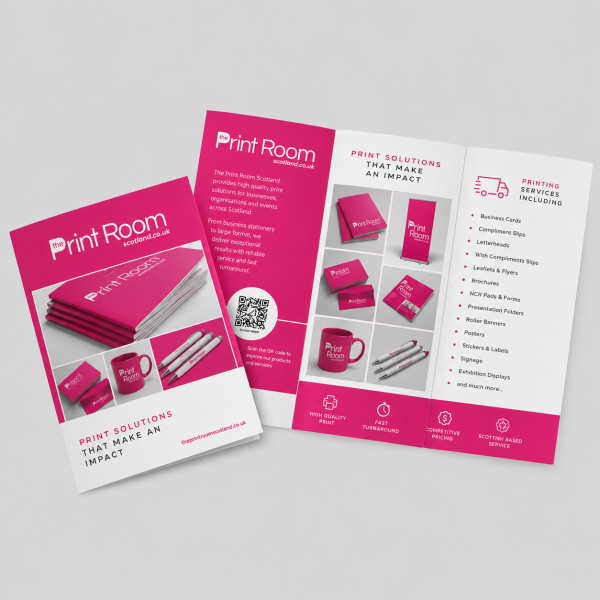 Print Room tri-fold brochure mockup with pink and white branded panels showing print services.