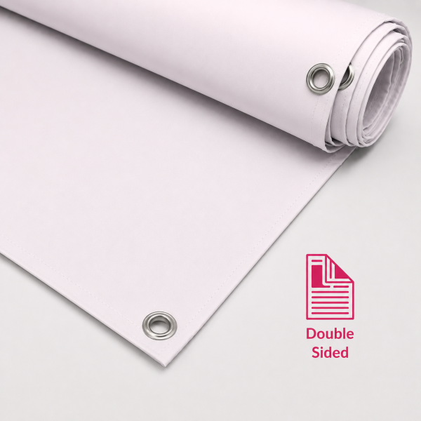Double sided PVC banner with eyelets only, supplied hemmed and eyeletted for indoor and outdoor signage.