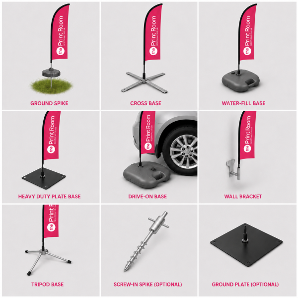 Feather flag display showing ground spike, cross base, water-fill base, plate base, drive-on base, wall bracket and other mounting options.