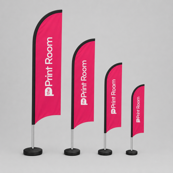 Four Print Room branded blade flags in different sizes displayed on black circular bases against a light grey studio background.