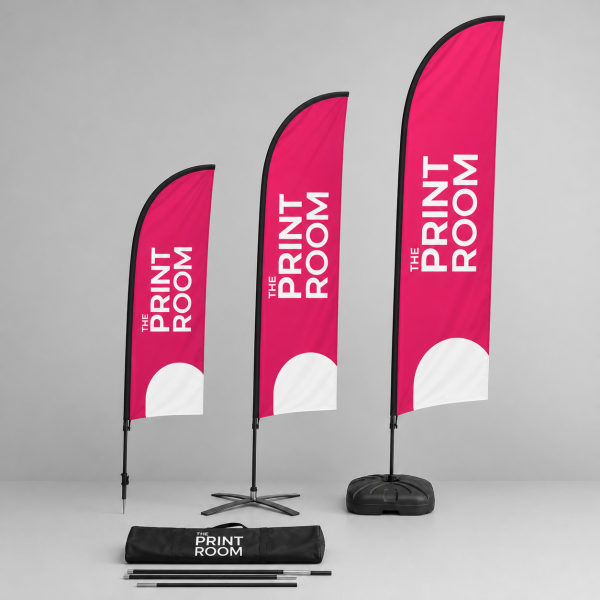 Three Print Room branded feather flags in different sizes with ground spike, cross base and weighted base on a light grey studio background.