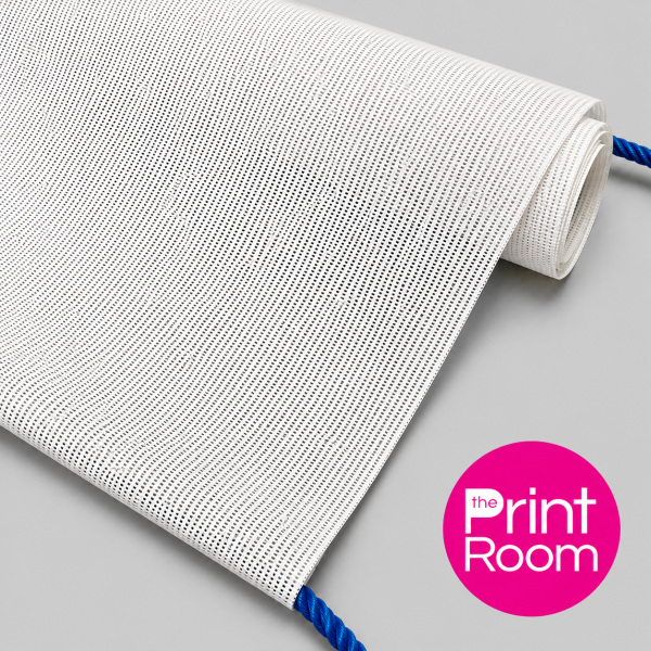 White hemmed and eyeleted mesh banner with blue rope on a grey background, featuring The Print Room logo.