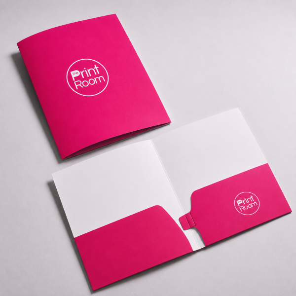 interlocking presentation folder, shown open and closed with die-cut pockets on a light grey studio background.