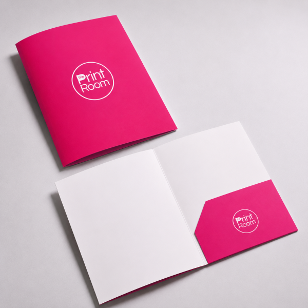 presentation folder with glued pocket, shown open and closed on a clean light grey studio background.