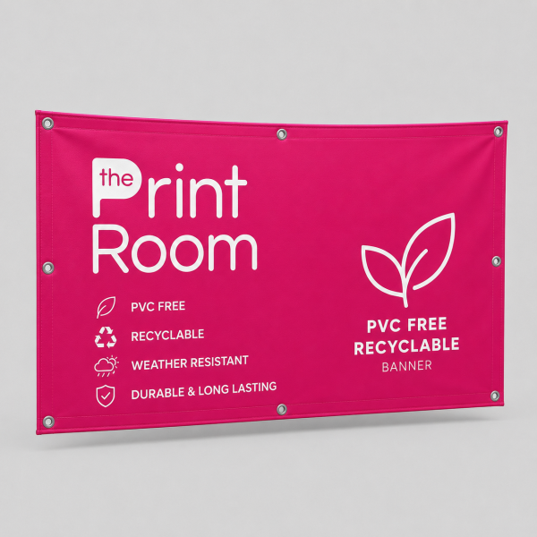 Print Room branded PVC free recyclable hemmed and eyeletted banner with reinforced edges and metal eyelets on a light grey studio background.