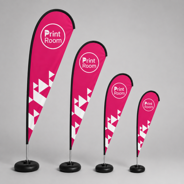 Set of four teardrop display flags featuring the white circular Print Room logo on a vibrant pink background, mounted on black bases for indoor and outdoor promotional displays.