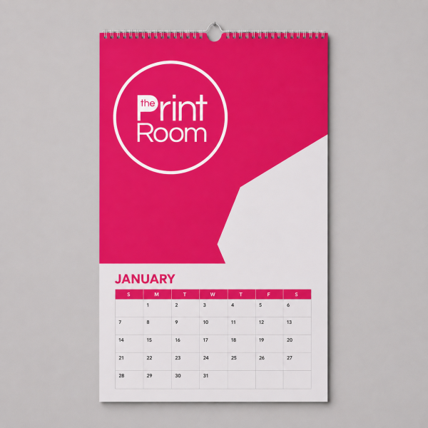 January wall calendar featuring The Print Room round magenta logo with white text, a modern geometric design, and a monthly date grid on a white background.