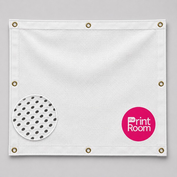 Unprinted white hemmed and eyeleted PVC mesh banner with reinforced welded hems, brass eyelets, and Print Room placeholder logo, shown with a close-up of the perforated mesh material.