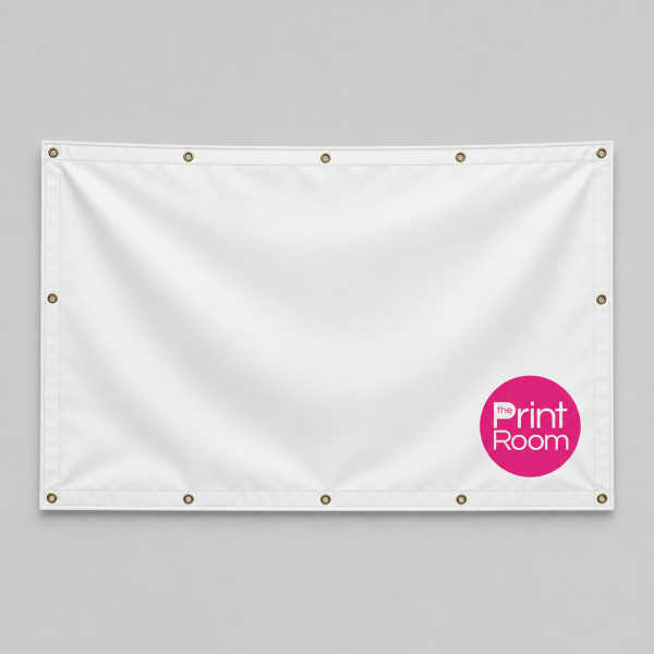 Unprinted PVC banner with reinforced hems and eyelets, shown on a light grey background with The Print Room placeholder logo.
