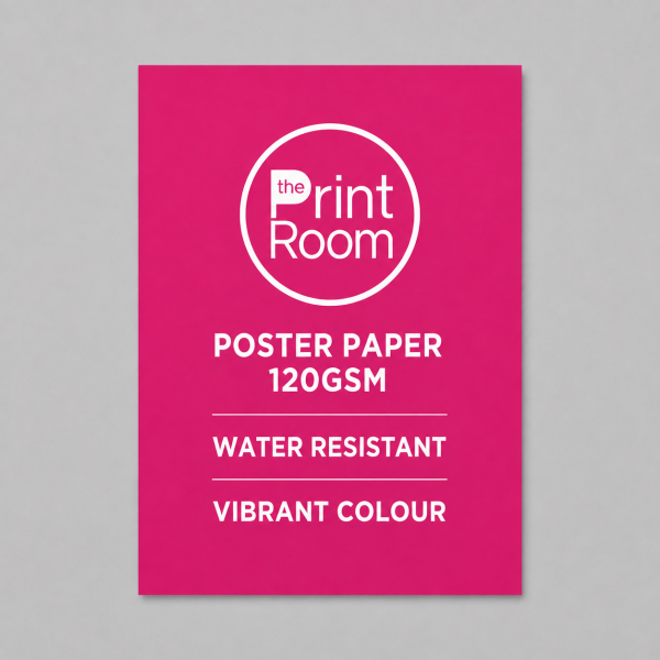Pink 120gsm poster paper featuring The Print Room logo, highlighting water resistance and vibrant colour printing.