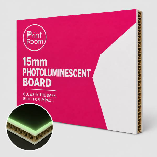 15mm photoluminescent board printed with The Print Room branding, designed to glow in the dark.