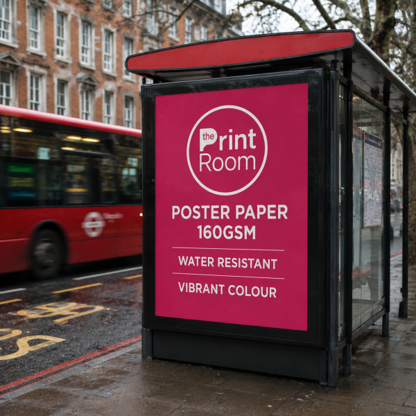 160gsm poster paper displayed on a bus stop advertising panel featuring The Print Room branding, showcasing vibrant, water-resistant large format poster printing for outdoor advertising.