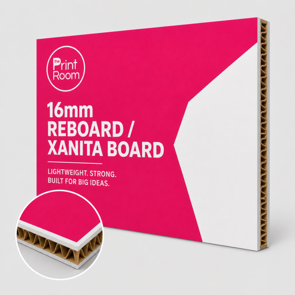 16mm Reboard Xanita Board printed with The Print Room branding, showing its strong lightweight corrugated core.