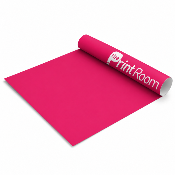 250gsm satin poster paper partially unrolled with white The Print Room branding on a magenta printed surface.