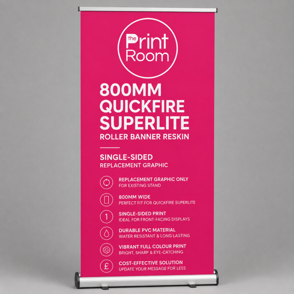 800mm Quickfire Superlite single-sided roller banner reskin with The Print Room branding and replacement graphic product features.