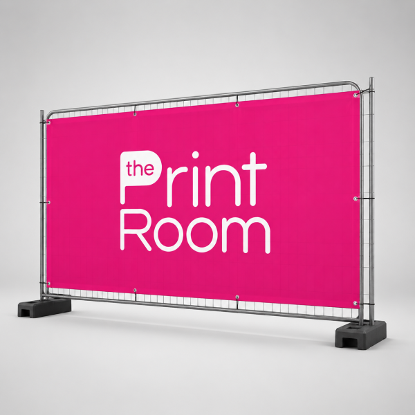 Custom printed Heras fence banner with Print Room branding fitted to a standard temporary fence panel, ideal for construction sites, events and outdoor advertising.