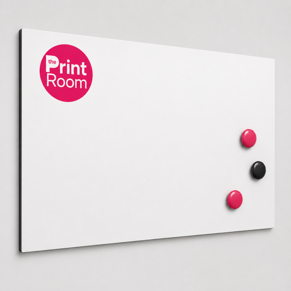 Magnetic ACM Ferrous Board with The Print Room branding and magnets attached to the white surface.