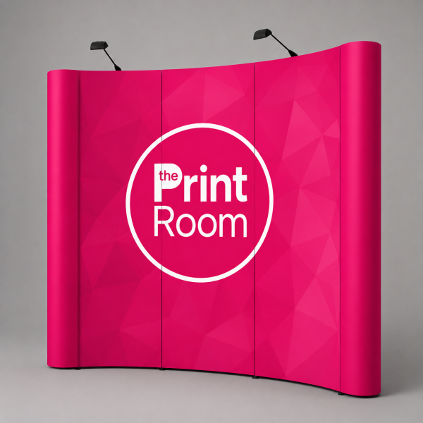 Curved pop up exhibition display featuring The Print Room branding on premium display material, designed for trade shows, exhibitions, retail displays, and promotional events.