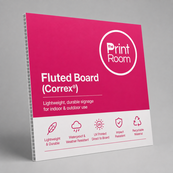 Print Room branded printed fluted Correx board for lightweight indoor and outdoor signage.