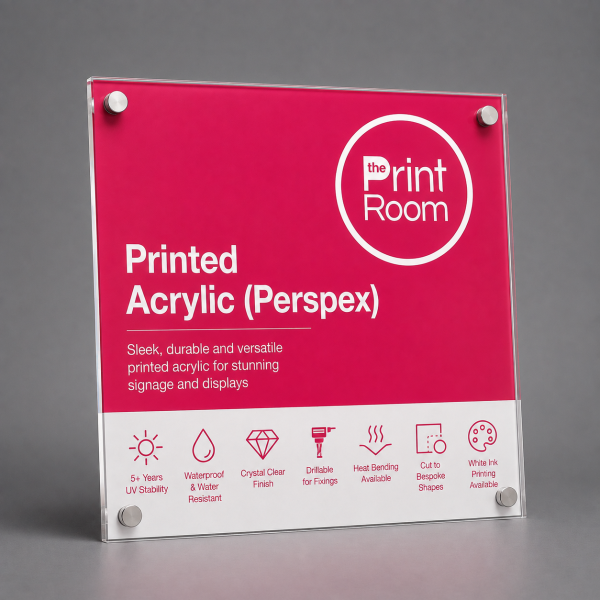 Print Room branded printed acrylic Perspex sign for durable indoor and outdoor signage and displays.