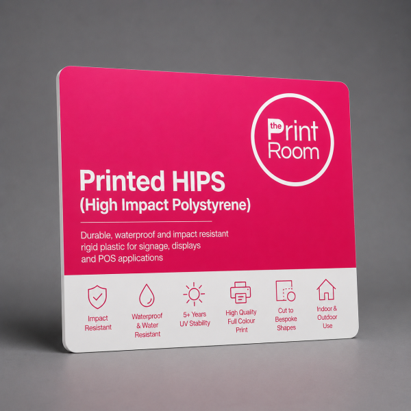 Print Room branded printed HIPS high impact polystyrene board for durable indoor and outdoor signage and displays.