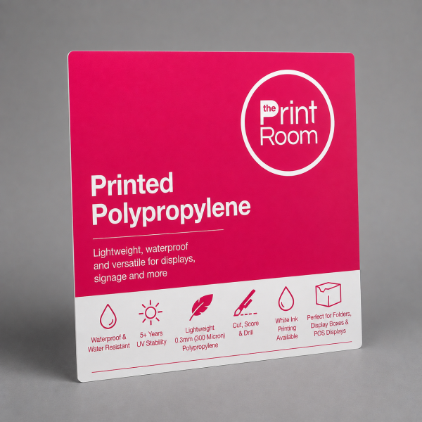 Print Room branded printed polypropylene for lightweight, waterproof signage, displays and point of sale graphics.