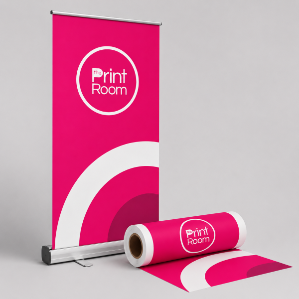 Print Room bespoke roll up film material with pink branded graphics and replacement roller banner display.