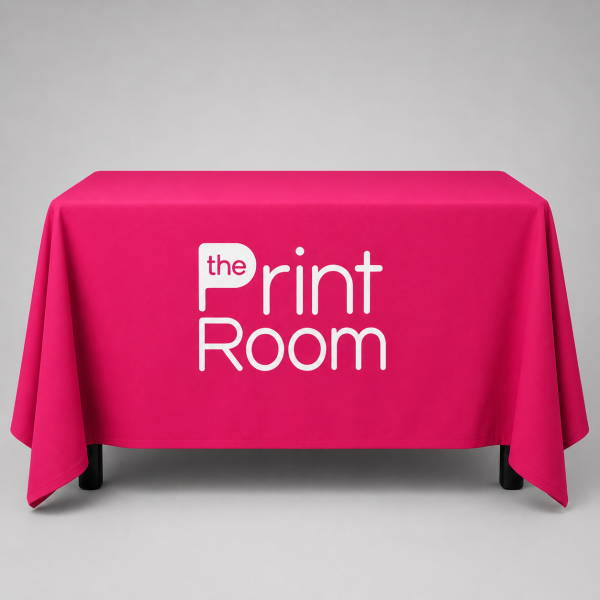The Print Room branded custom printed rectangular tablecloth, designed to create a professional exhibition, trade show and promotional display.